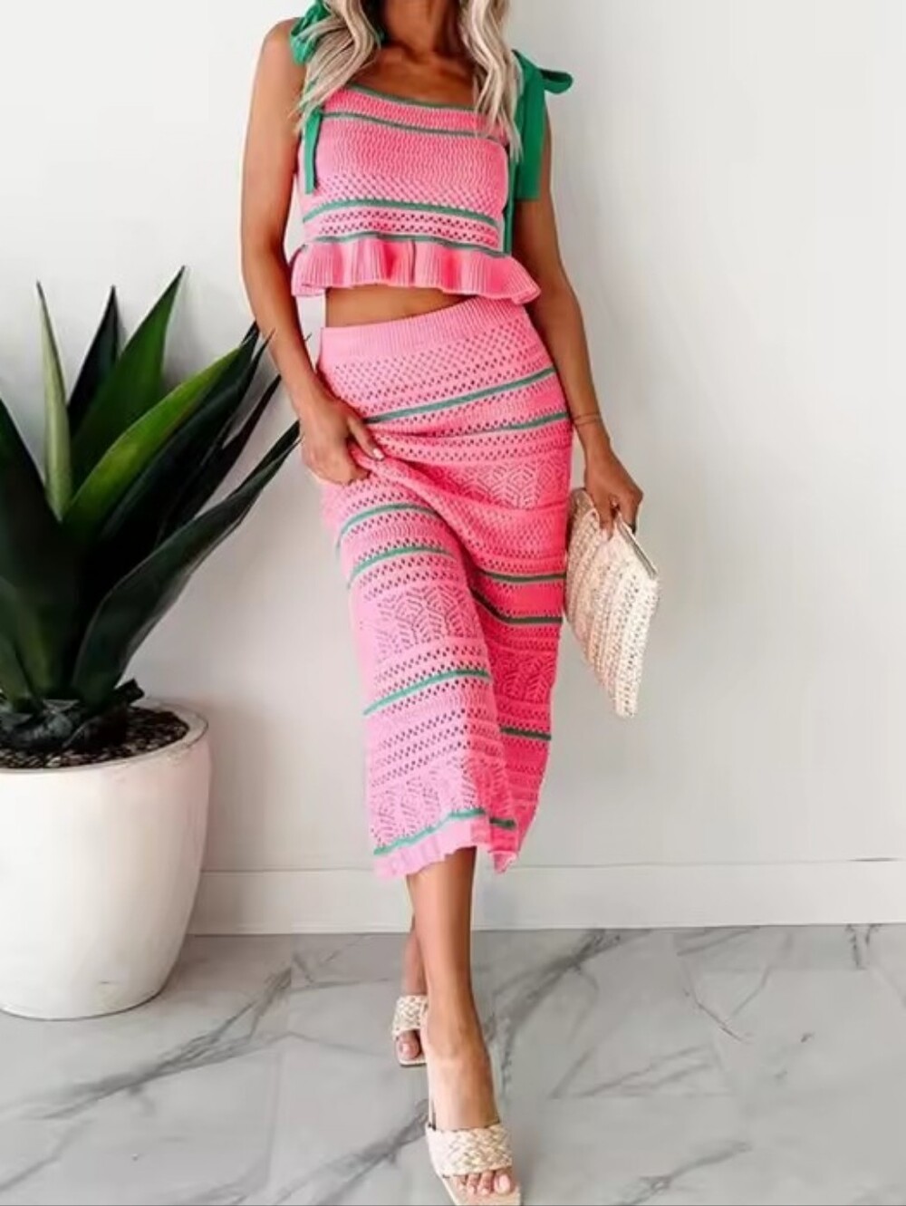Women's 2 Piece Outfits Aesthetic Sweater Set Stripe Tie-Up Shoulder Straps - Picture 3 of 5